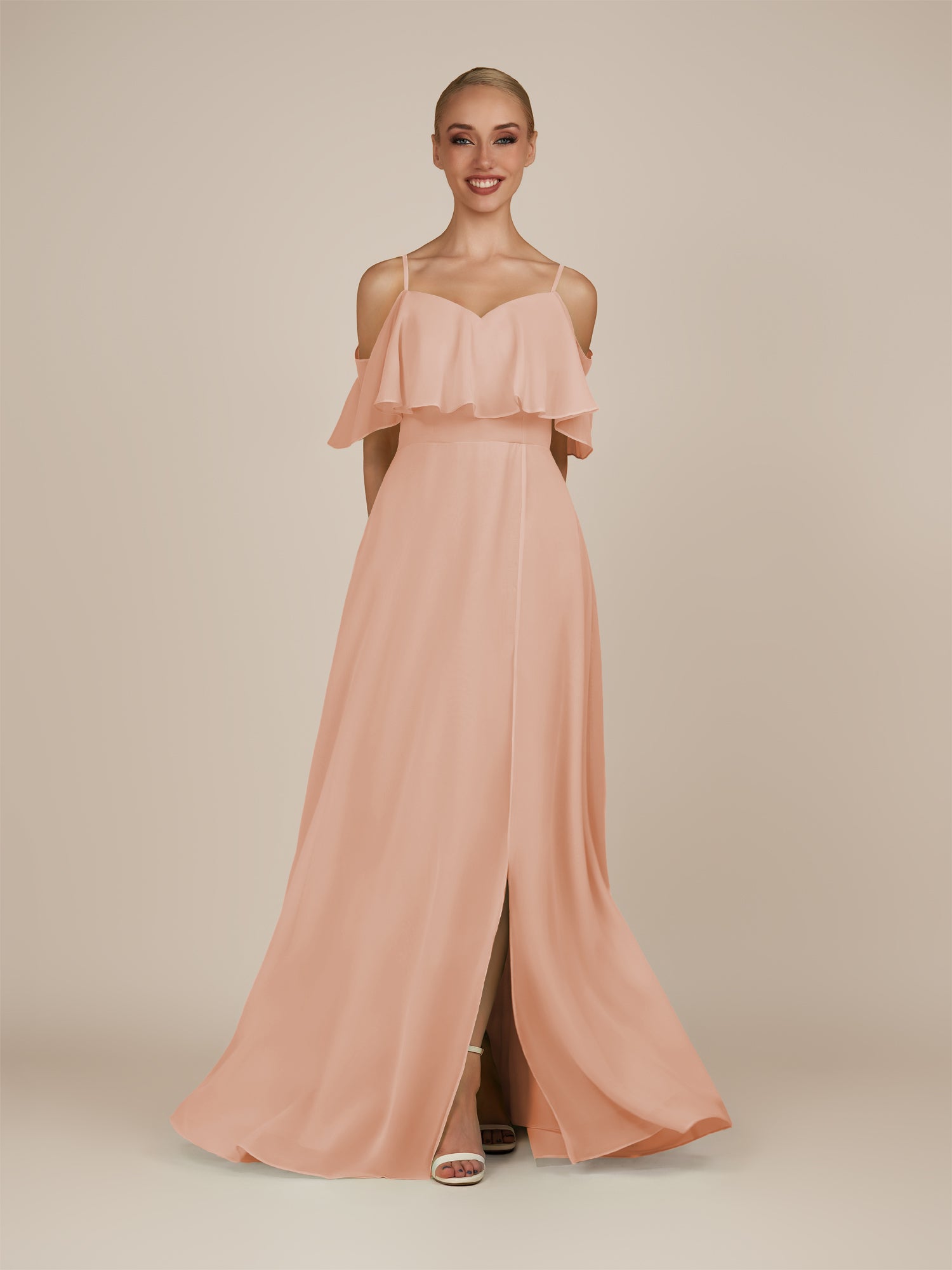 KissDress-Eira English Rose A Line Chiffon Off the Shoulder Ruffled Overlay Long Bridesmaid Dress with Slit