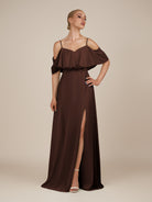 KissDress-Eira Espresso A Line Chiffon Off the Shoulder Ruffled Overlay Long Bridesmaid Dress with Slit