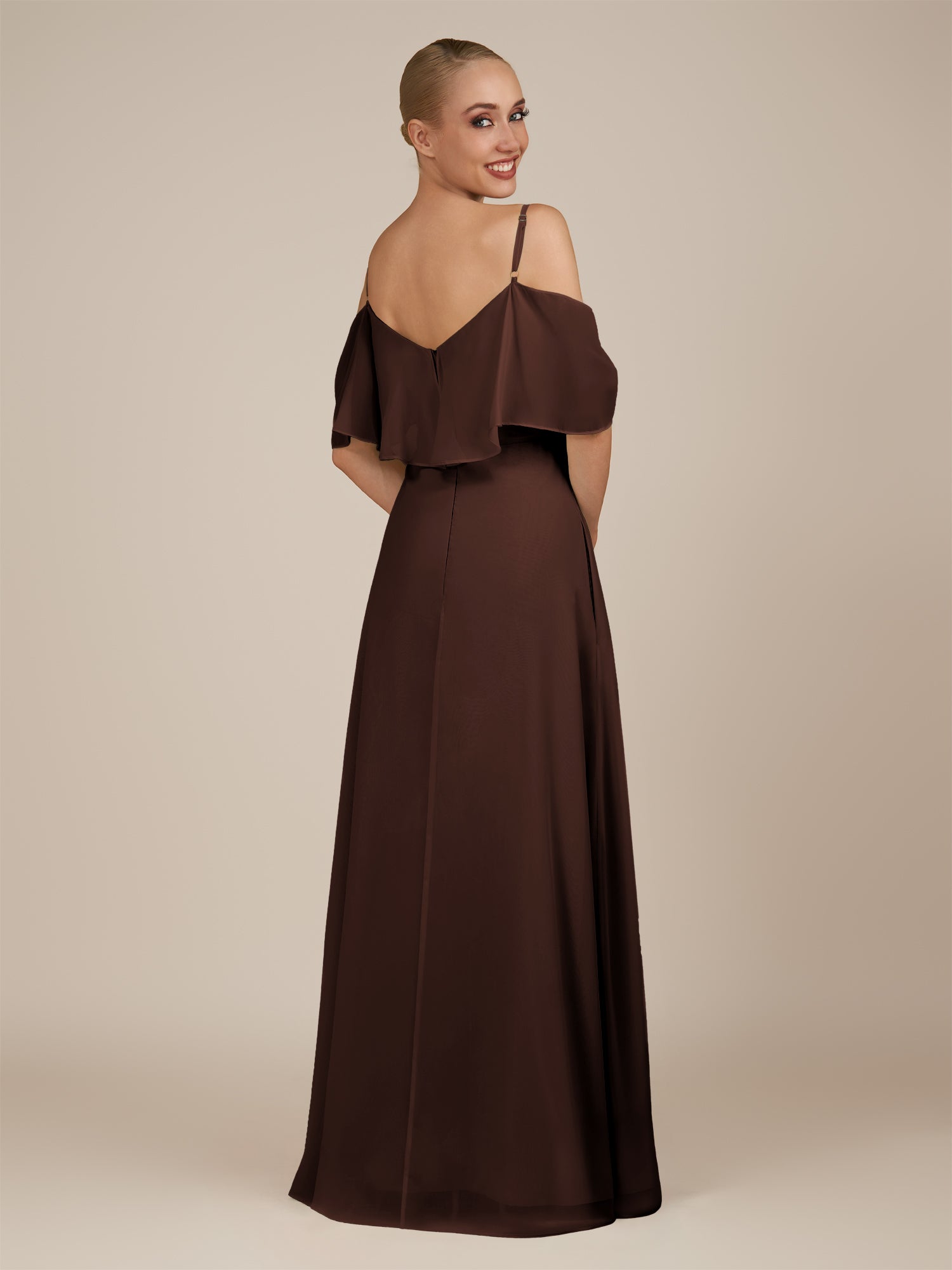 KissDress-Eira Espresso A Line Chiffon Off the Shoulder Ruffled Overlay Long Bridesmaid Dress with Slit