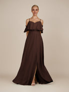 KissDress-Eira Espresso A Line Chiffon Off the Shoulder Ruffled Overlay Long Bridesmaid Dress with Slit