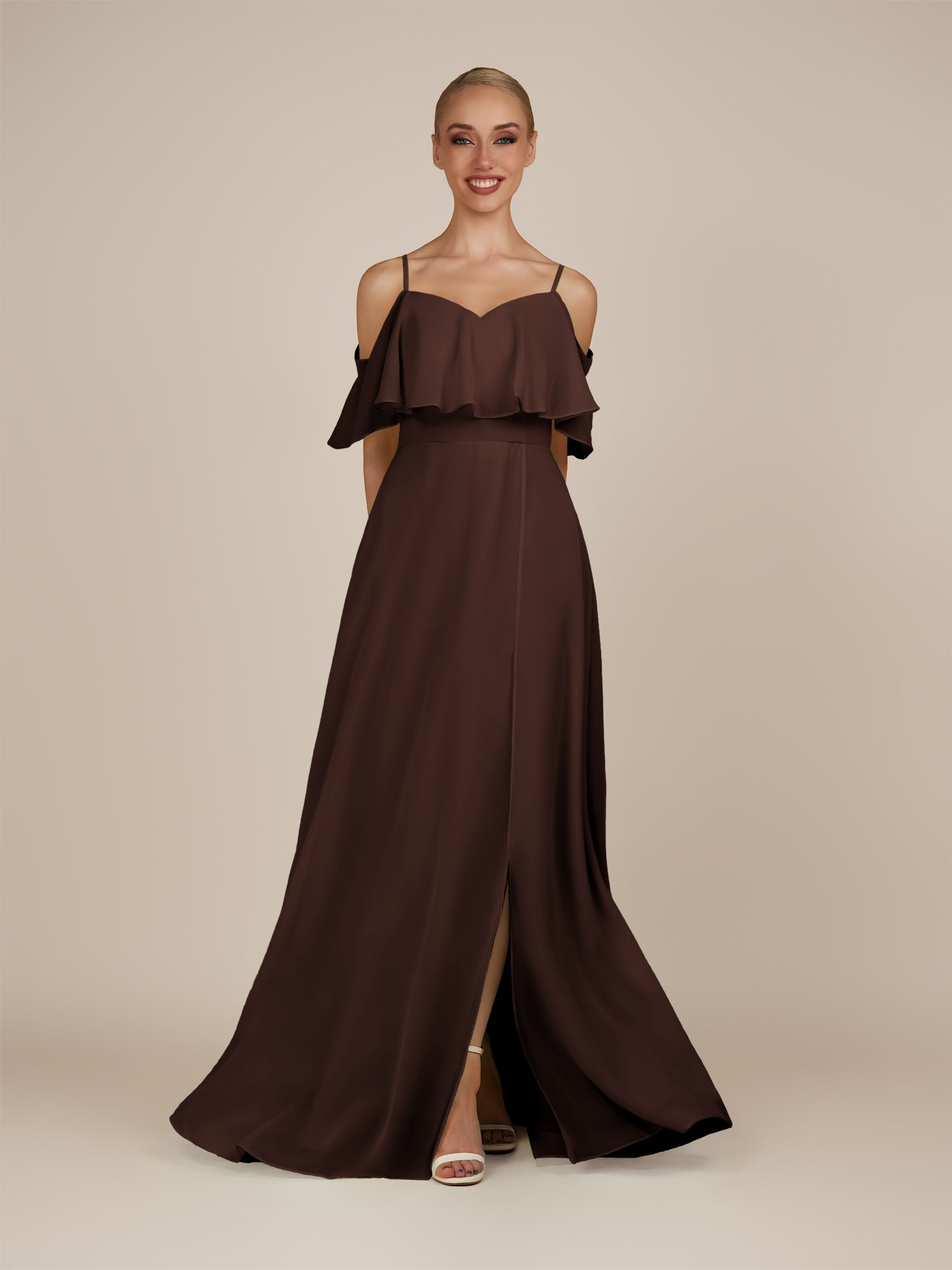 KissDress-Eira Espresso A Line Chiffon Off the Shoulder Ruffled Overlay Long Bridesmaid Dress with Slit