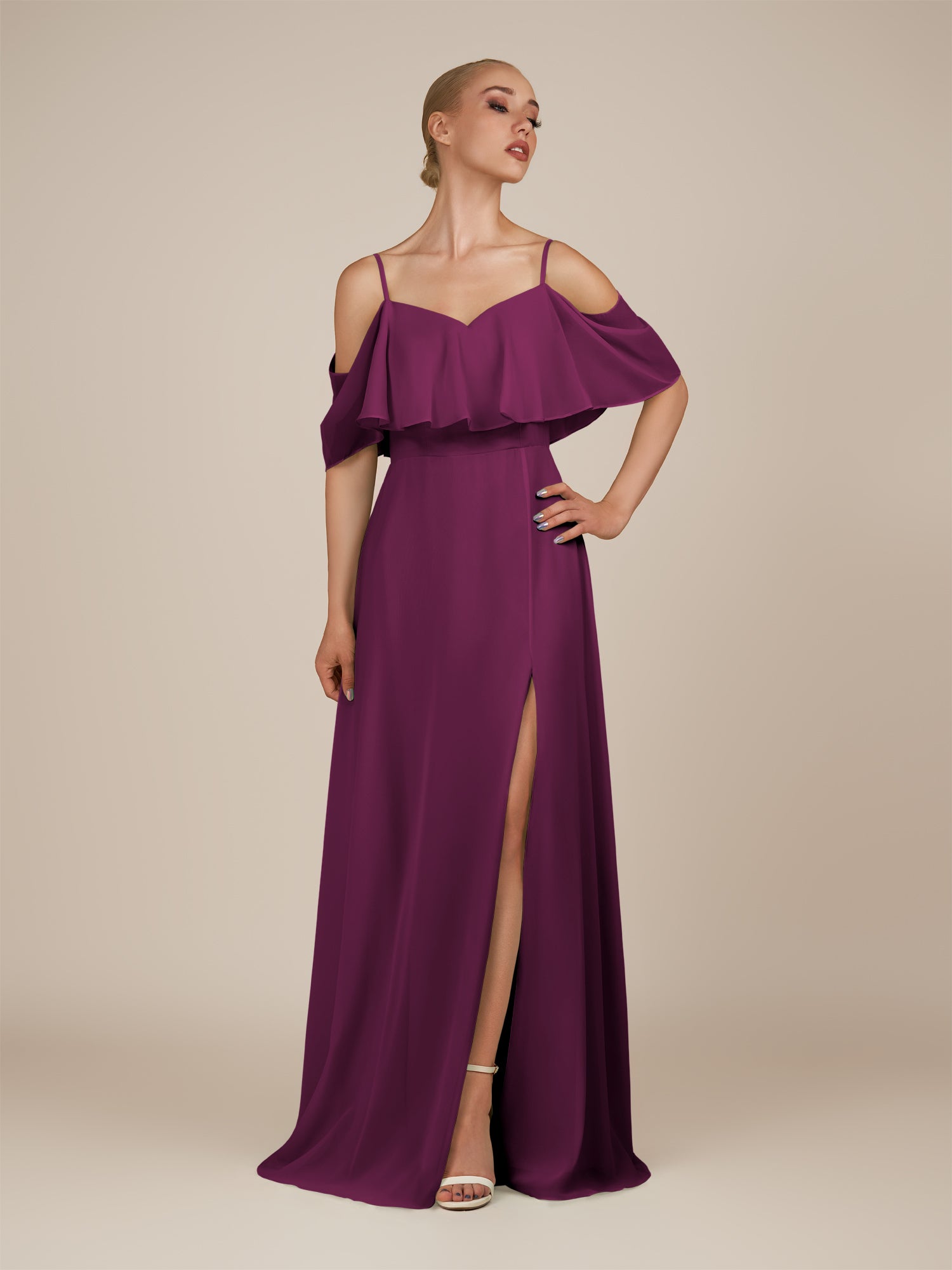 KissDress-Eira Fig A Line Chiffon Off the Shoulder Ruffled Overlay Long Bridesmaid Dress with Slit