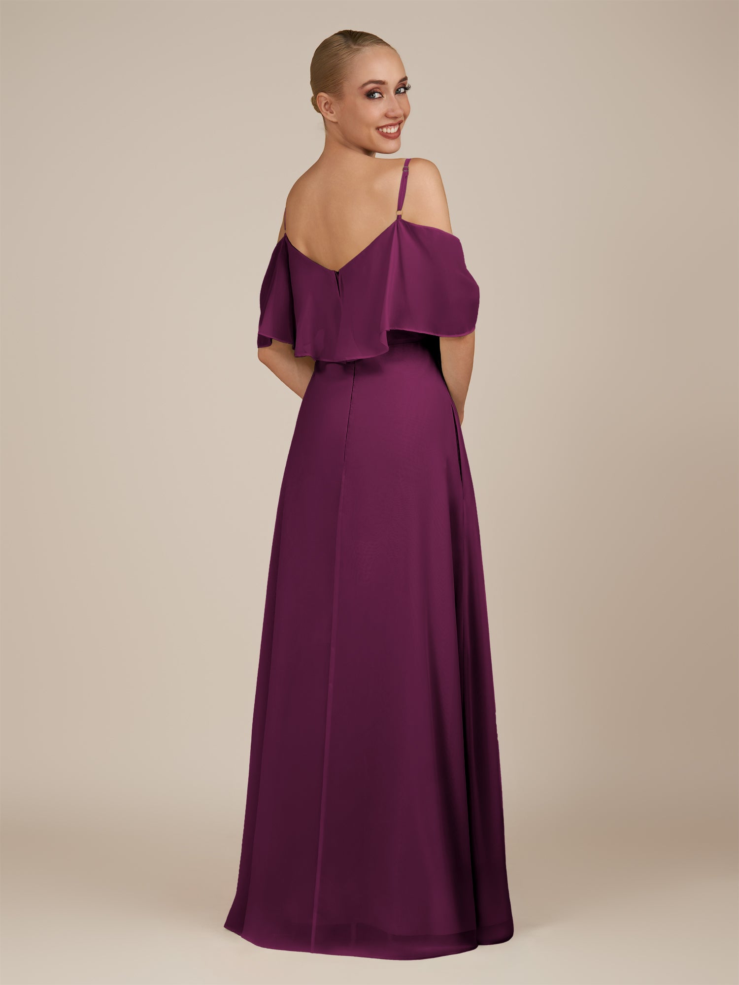 KissDress-Eira Fig A Line Chiffon Off the Shoulder Ruffled Overlay Long Bridesmaid Dress with Slit