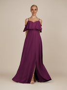 KissDress-Eira Fig A Line Chiffon Off the Shoulder Ruffled Overlay Long Bridesmaid Dress with Slit