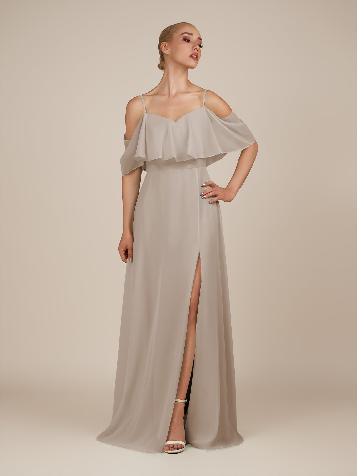 KissDress-Eira Frost A Line Chiffon Off the Shoulder Ruffled Overlay Long Bridesmaid Dress with Slit