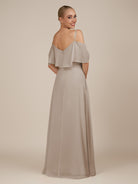 KissDress-Eira Frost A Line Chiffon Off the Shoulder Ruffled Overlay Long Bridesmaid Dress with Slit