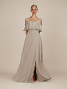 KissDress-Eira Frost A Line Chiffon Off the Shoulder Ruffled Overlay Long Bridesmaid Dress with Slit