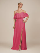 KissDress-Eira Fuchsia A Line Chiffon Off the Shoulder Ruffled Overlay Long Bridesmaid Dress with Slit