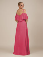 KissDress-Eira Fuchsia A Line Chiffon Off the Shoulder Ruffled Overlay Long Bridesmaid Dress with Slit