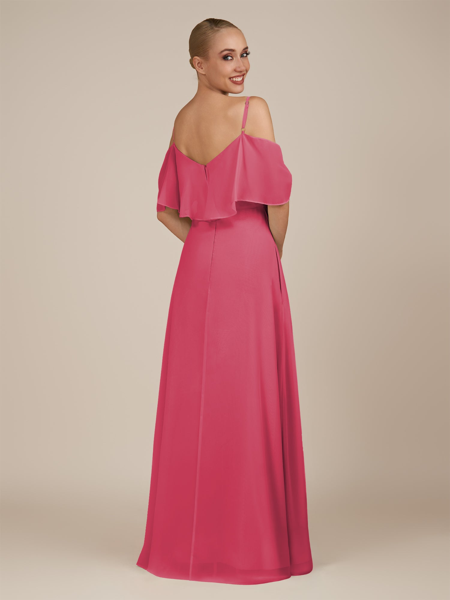 KissDress-Eira Fuchsia A Line Chiffon Off the Shoulder Ruffled Overlay Long Bridesmaid Dress with Slit