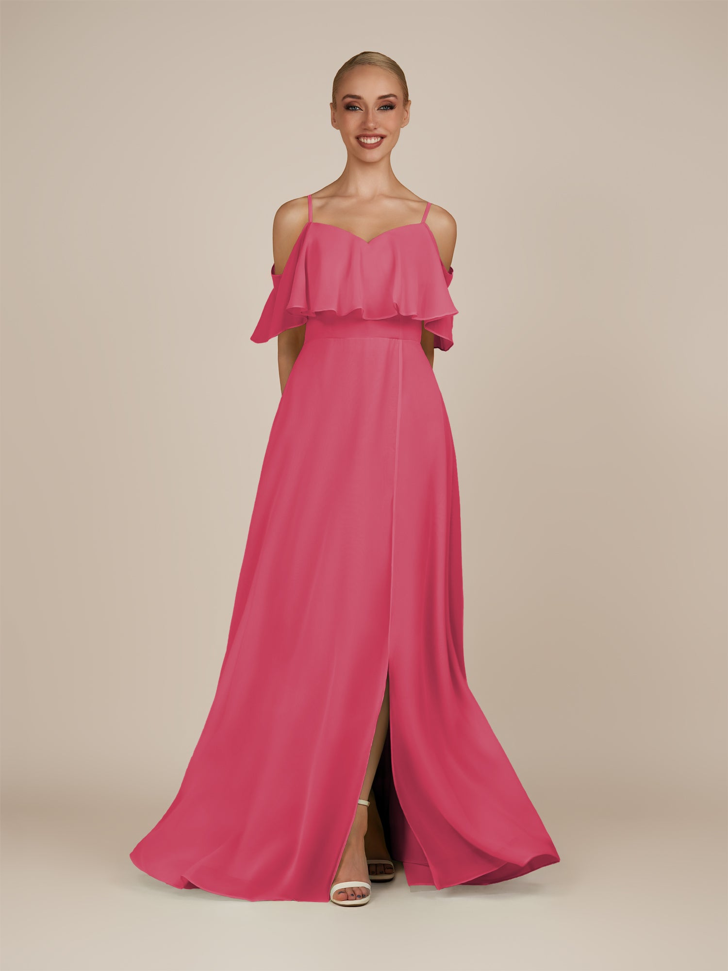 KissDress-Eira Fuchsia A Line Chiffon Off the Shoulder Ruffled Overlay Long Bridesmaid Dress with Slit
