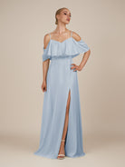 KissDress-Eira Ice A Line Chiffon Off the Shoulder Ruffled Overlay Long Bridesmaid Dress with Slit