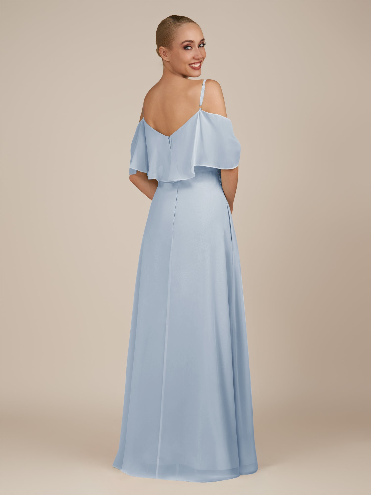 KissDress-Eira Ice A Line Chiffon Off the Shoulder Ruffled Overlay Long Bridesmaid Dress with Slit