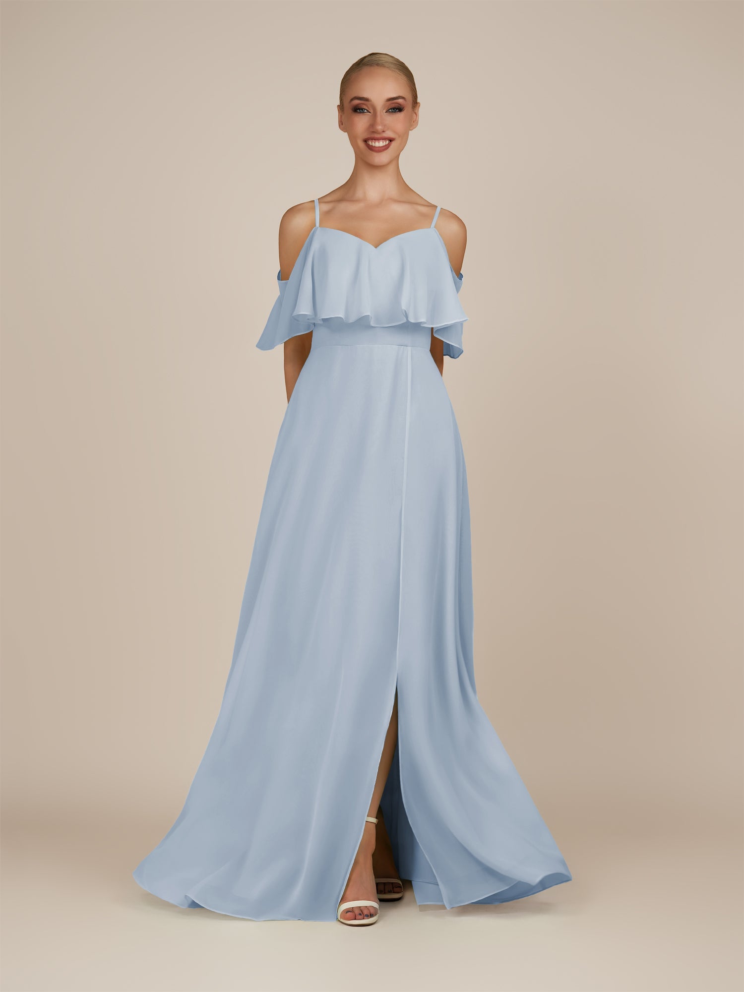 KissDress-Eira Ice A Line Chiffon Off the Shoulder Ruffled Overlay Long Bridesmaid Dress with Slit