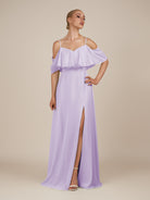 KissDress-Eira Lavender A Line Chiffon Off the Shoulder Ruffled Overlay Long Bridesmaid Dress with Slit