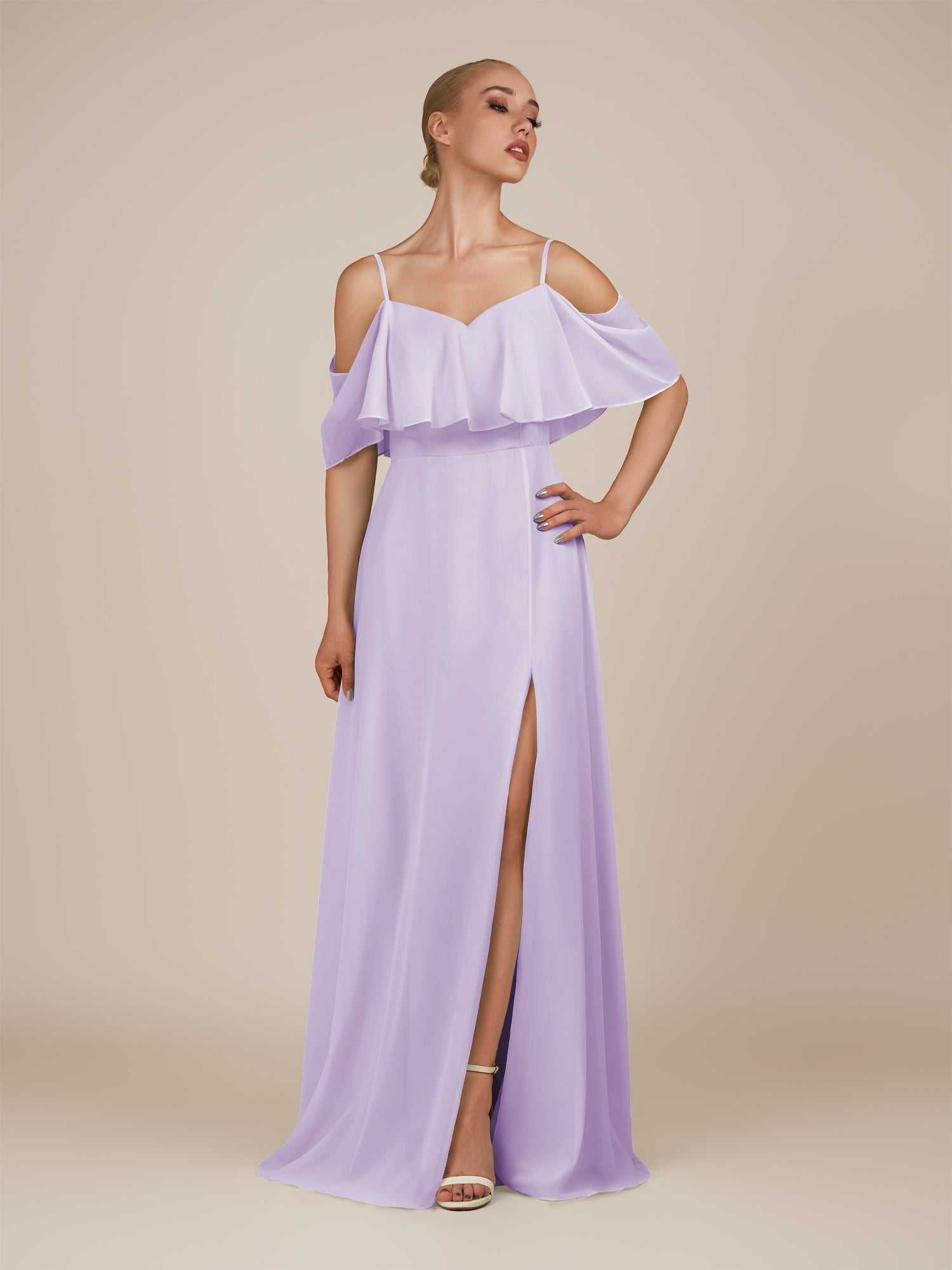 KissDress-Eira Lavender A Line Chiffon Off the Shoulder Ruffled Overlay Long Bridesmaid Dress with Slit