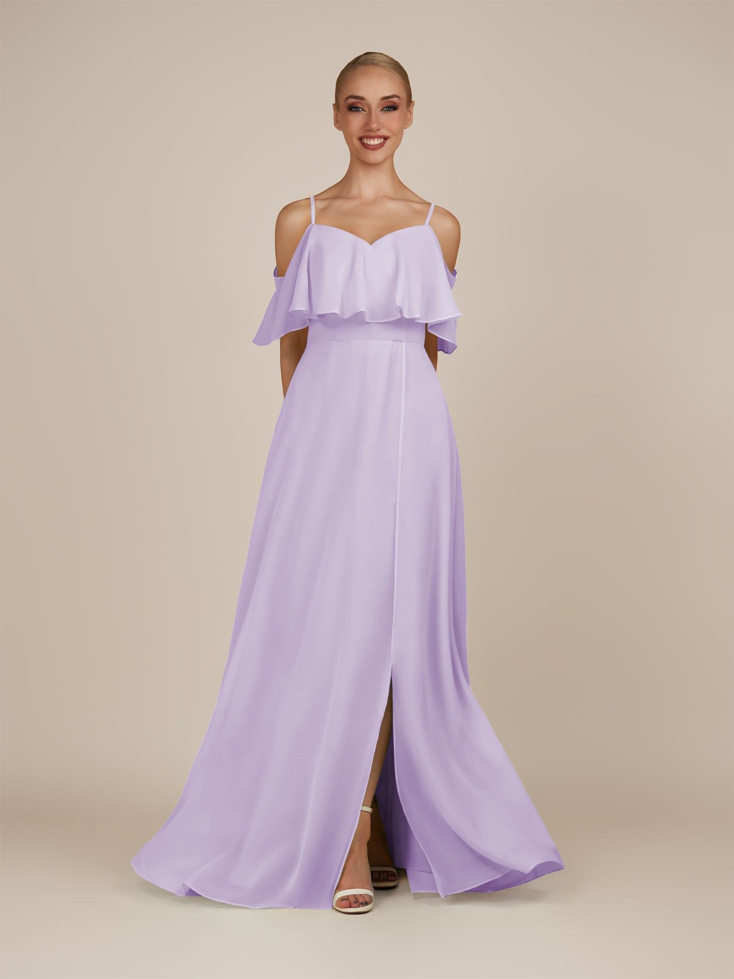 KissDress-Eira Lavender A Line Chiffon Off the Shoulder Ruffled Overlay Long Bridesmaid Dress with Slit