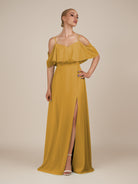KissDress-Eira Marigold A Line Chiffon Off the Shoulder Ruffled Overlay Long Bridesmaid Dress with Slit