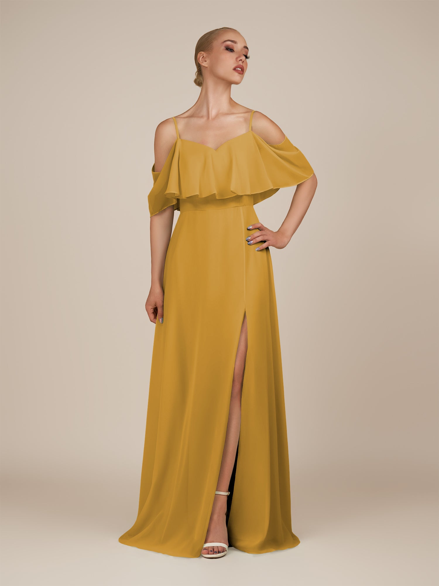 KissDress-Eira Marigold A Line Chiffon Off the Shoulder Ruffled Overlay Long Bridesmaid Dress with Slit