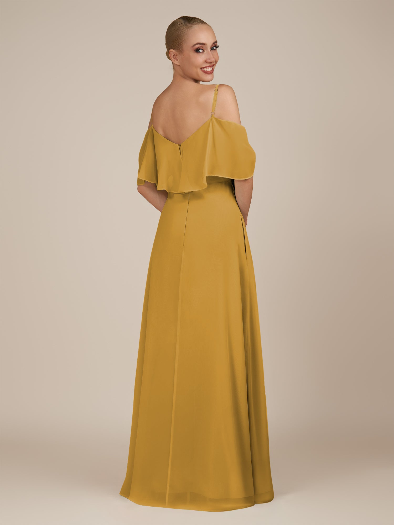 KissDress-Eira Marigold A Line Chiffon Off the Shoulder Ruffled Overlay Long Bridesmaid Dress with Slit