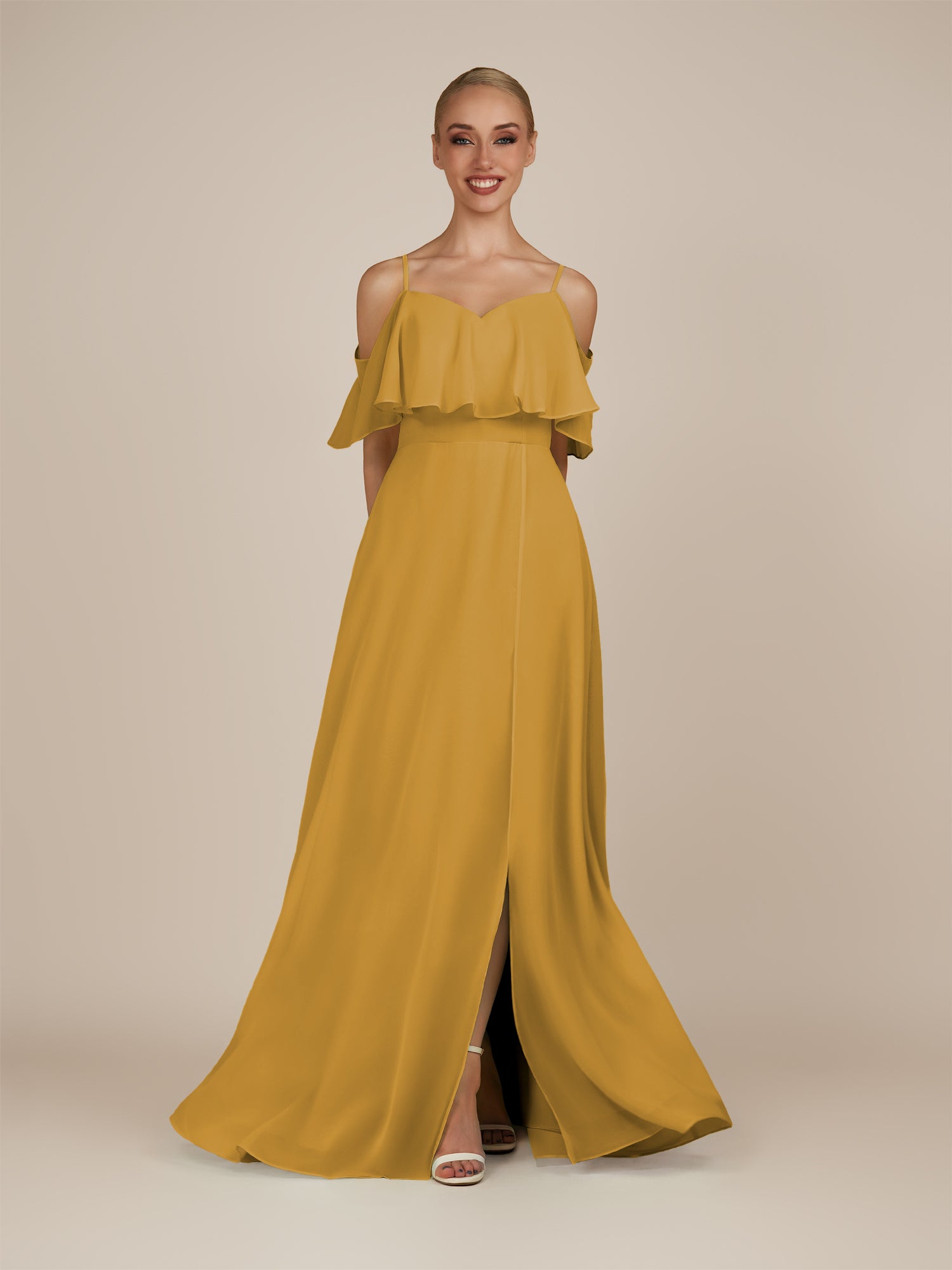 KissDress-Eira Marigold A Line Chiffon Off the Shoulder Ruffled Overlay Long Bridesmaid Dress with Slit