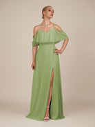 KissDress-Eira Matcha A Line Chiffon Off the Shoulder Ruffled Overlay Long Bridesmaid Dress with Slit