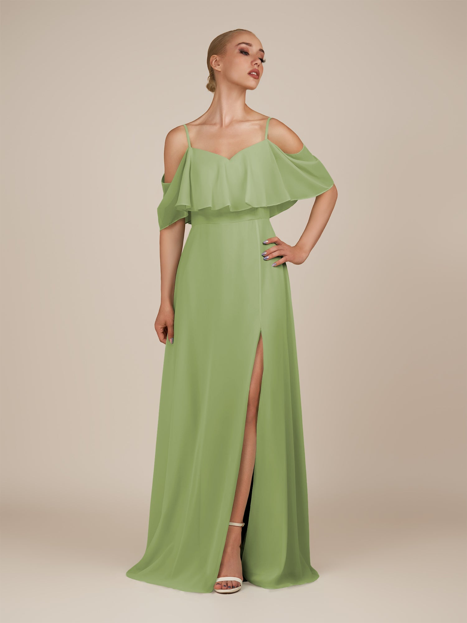 KissDress-Eira Matcha A Line Chiffon Off the Shoulder Ruffled Overlay Long Bridesmaid Dress with Slit