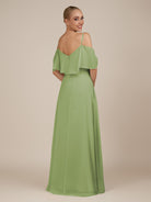 KissDress-Eira Matcha A Line Chiffon Off the Shoulder Ruffled Overlay Long Bridesmaid Dress with Slit