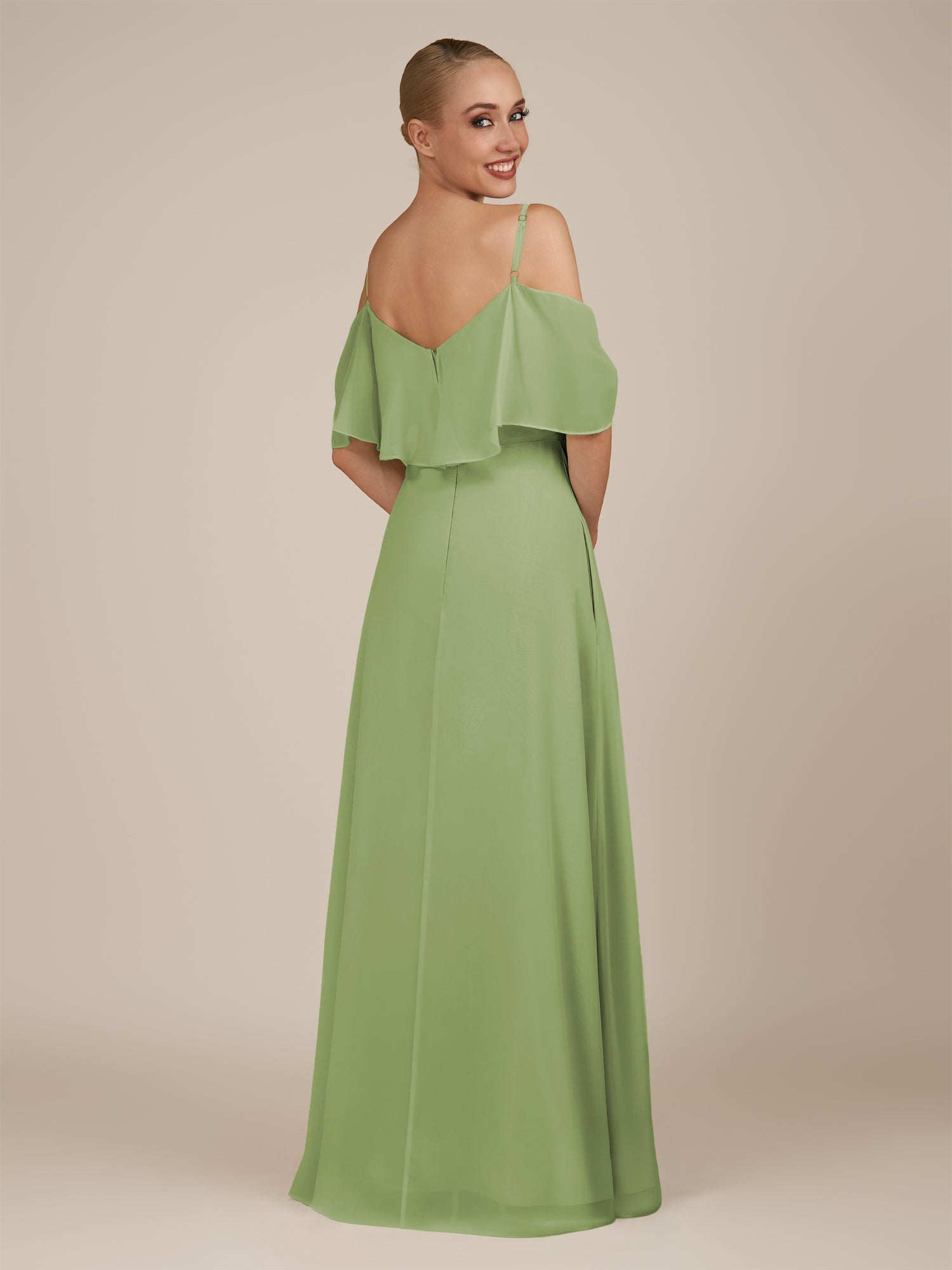 KissDress-Eira Matcha A Line Chiffon Off the Shoulder Ruffled Overlay Long Bridesmaid Dress with Slit