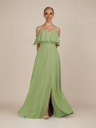 KissDress-Eira Matcha A Line Chiffon Off the Shoulder Ruffled Overlay Long Bridesmaid Dress with Slit