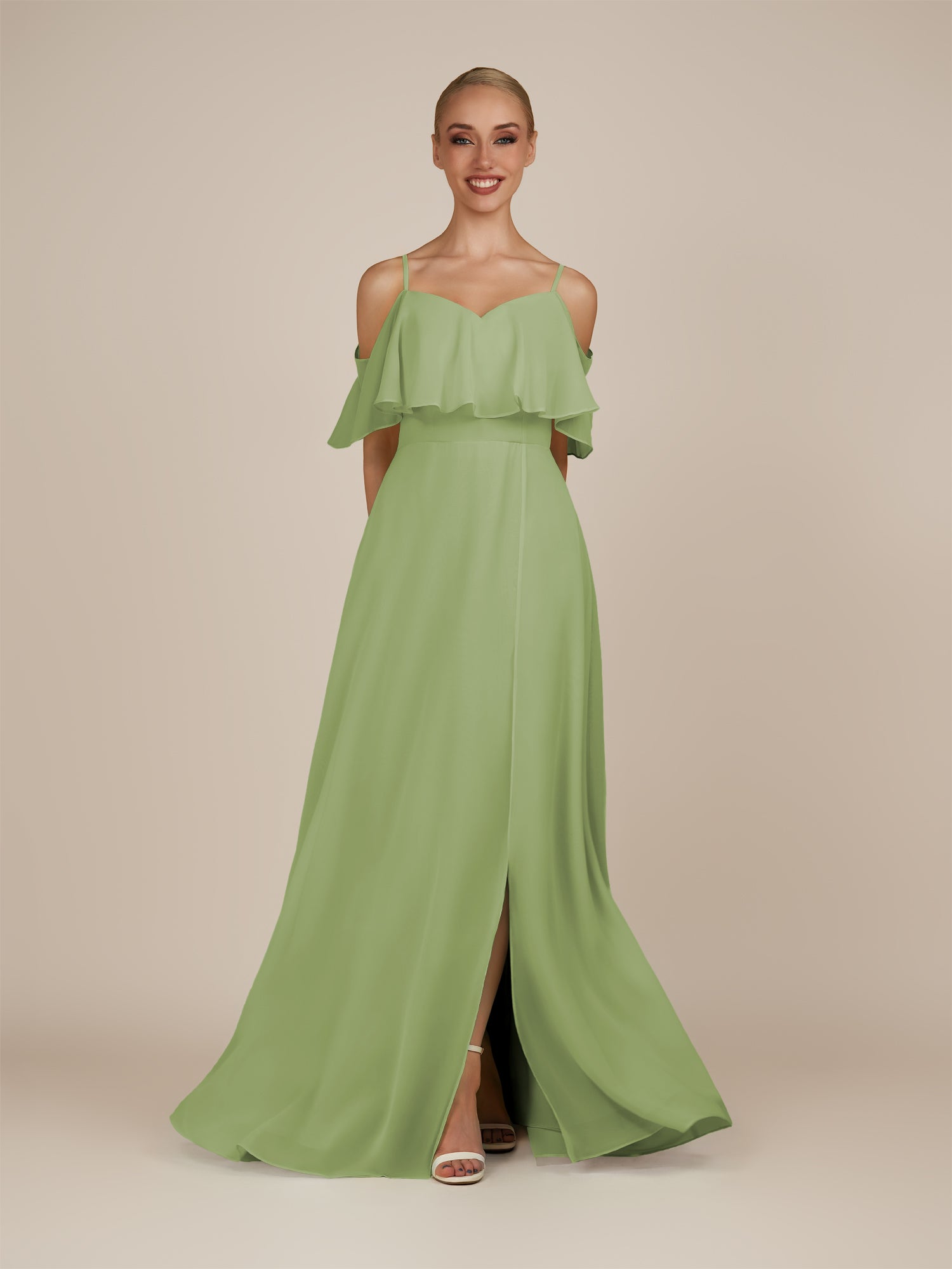 KissDress-Eira Matcha A Line Chiffon Off the Shoulder Ruffled Overlay Long Bridesmaid Dress with Slit