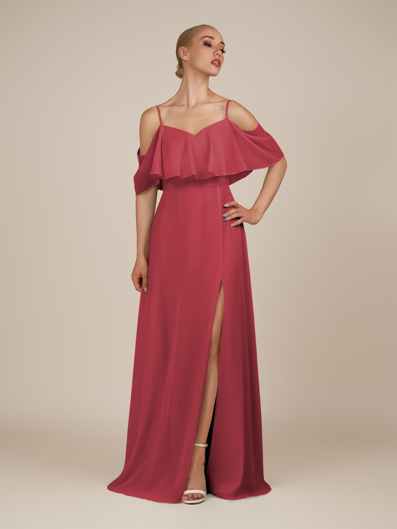 KissDress-Eira Merlot A Line Chiffon Off the Shoulder Ruffled Overlay Long Bridesmaid Dress with Slit