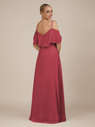 KissDress-Eira Merlot A Line Chiffon Off the Shoulder Ruffled Overlay Long Bridesmaid Dress with Slit