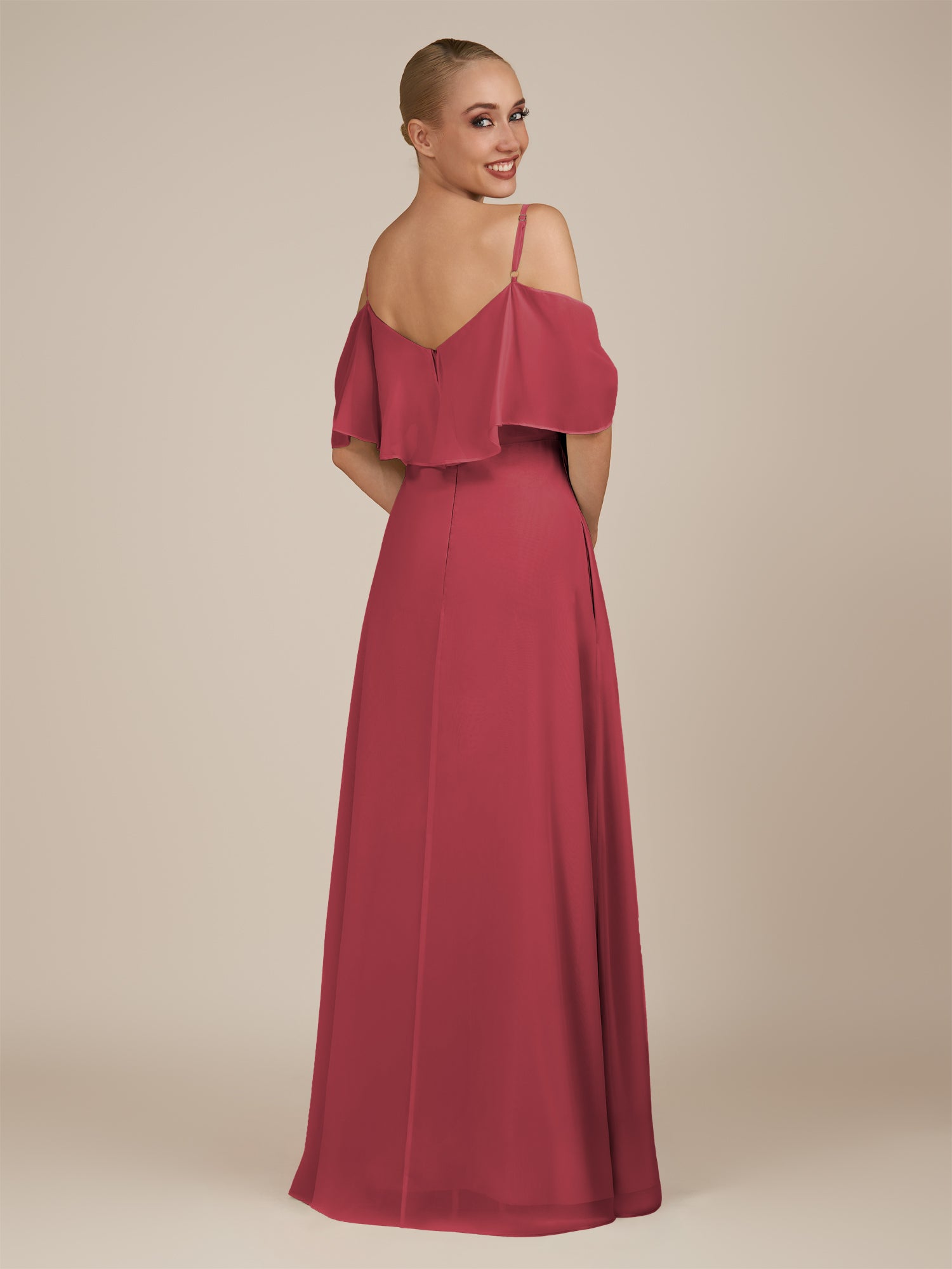 KissDress-Eira Merlot A Line Chiffon Off the Shoulder Ruffled Overlay Long Bridesmaid Dress with Slit