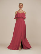 KissDress-Eira Merlot A Line Chiffon Off the Shoulder Ruffled Overlay Long Bridesmaid Dress with Slit