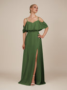 KissDress-Eira Moss A Line Chiffon Off the Shoulder Ruffled Overlay Long Bridesmaid Dress with Slit
