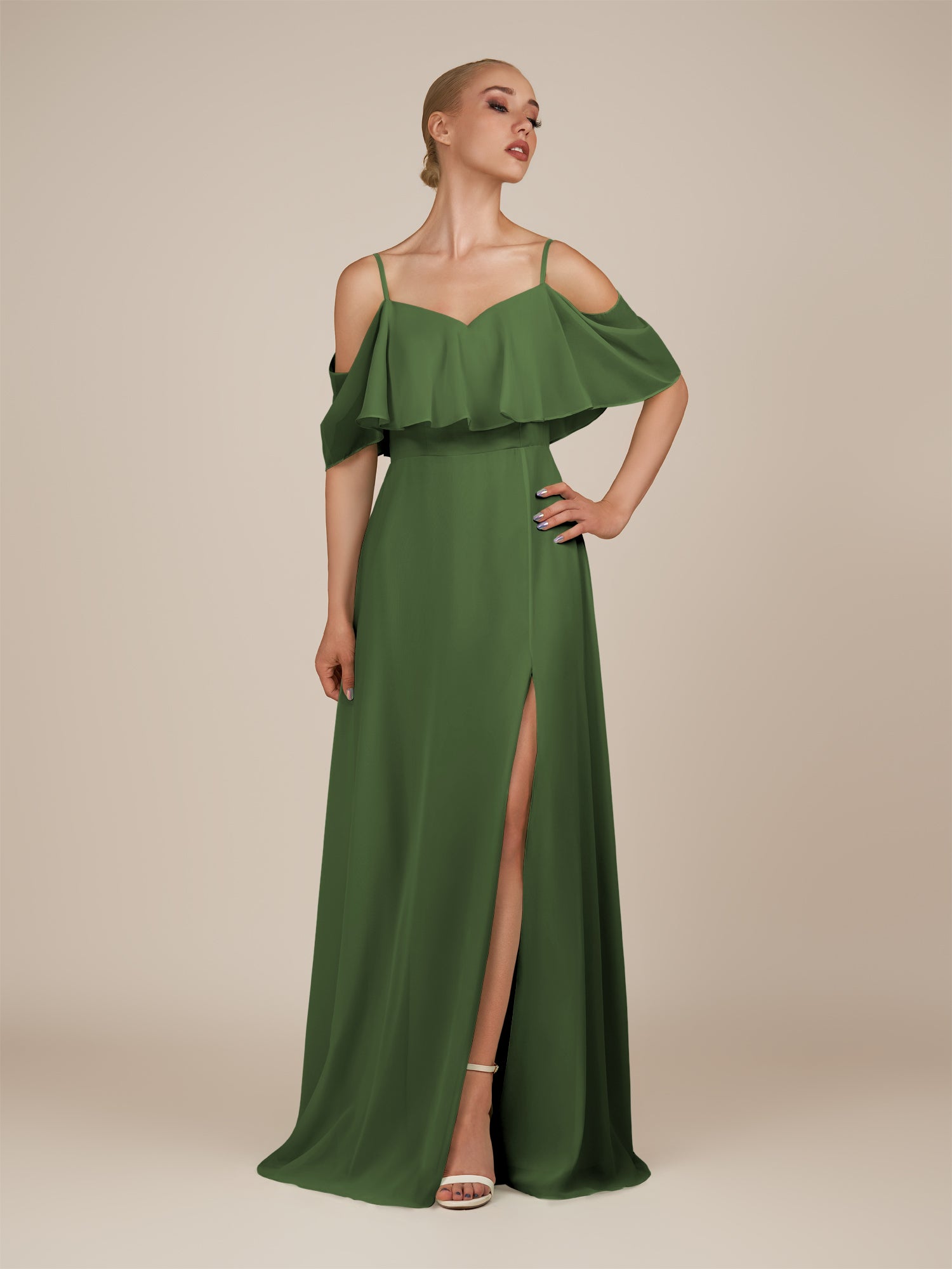 KissDress-Eira Moss A Line Chiffon Off the Shoulder Ruffled Overlay Long Bridesmaid Dress with Slit