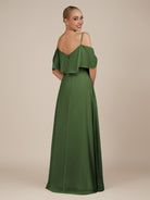 KissDress-Eira Moss A Line Chiffon Off the Shoulder Ruffled Overlay Long Bridesmaid Dress with Slit