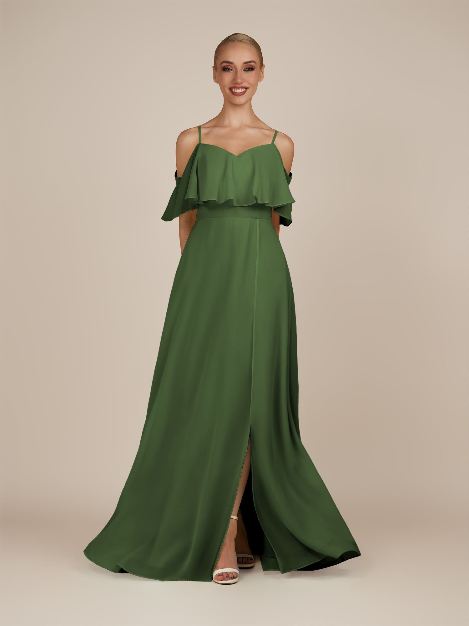 KissDress-Eira Moss A Line Chiffon Off the Shoulder Ruffled Overlay Long Bridesmaid Dress with Slit