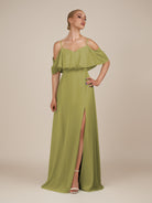 KissDress-Eira Moss Green A Line Chiffon Off the Shoulder Ruffled Overlay Long Bridesmaid Dress with Slit