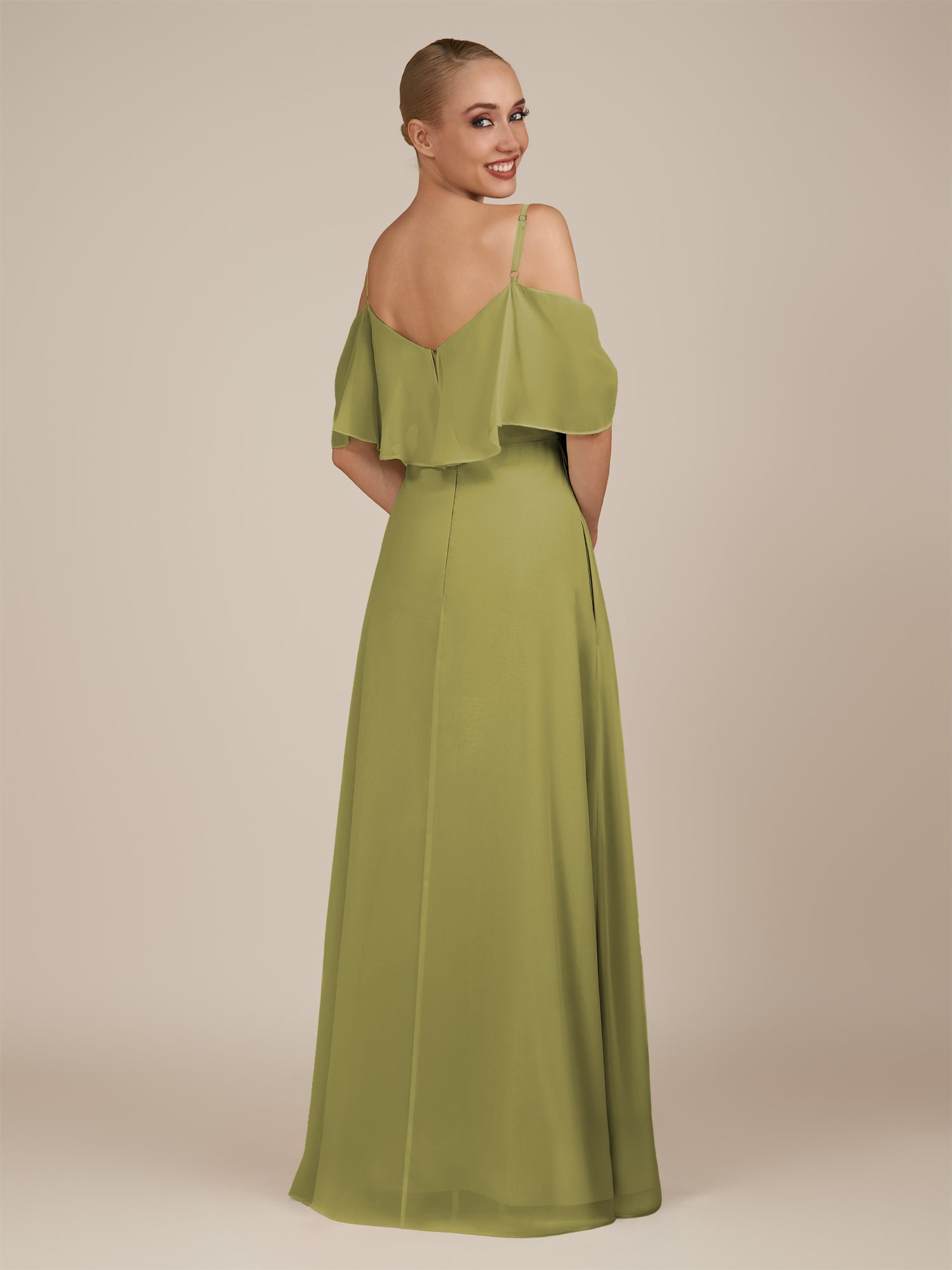 KissDress-Eira Moss Green A Line Chiffon Off the Shoulder Ruffled Overlay Long Bridesmaid Dress with Slit