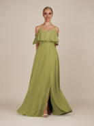 KissDress-Eira Moss Green A Line Chiffon Off the Shoulder Ruffled Overlay Long Bridesmaid Dress with Slit