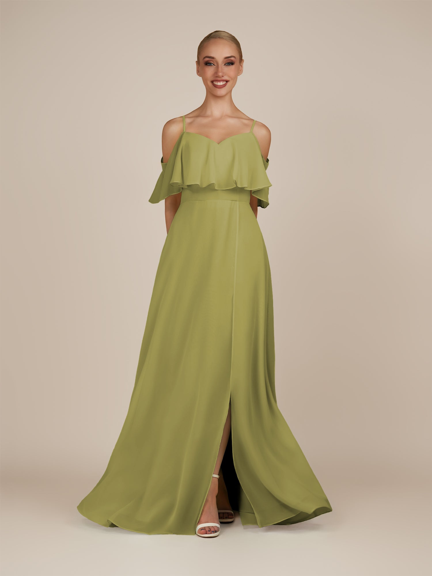 KissDress-Eira Moss Green A Line Chiffon Off the Shoulder Ruffled Overlay Long Bridesmaid Dress with Slit