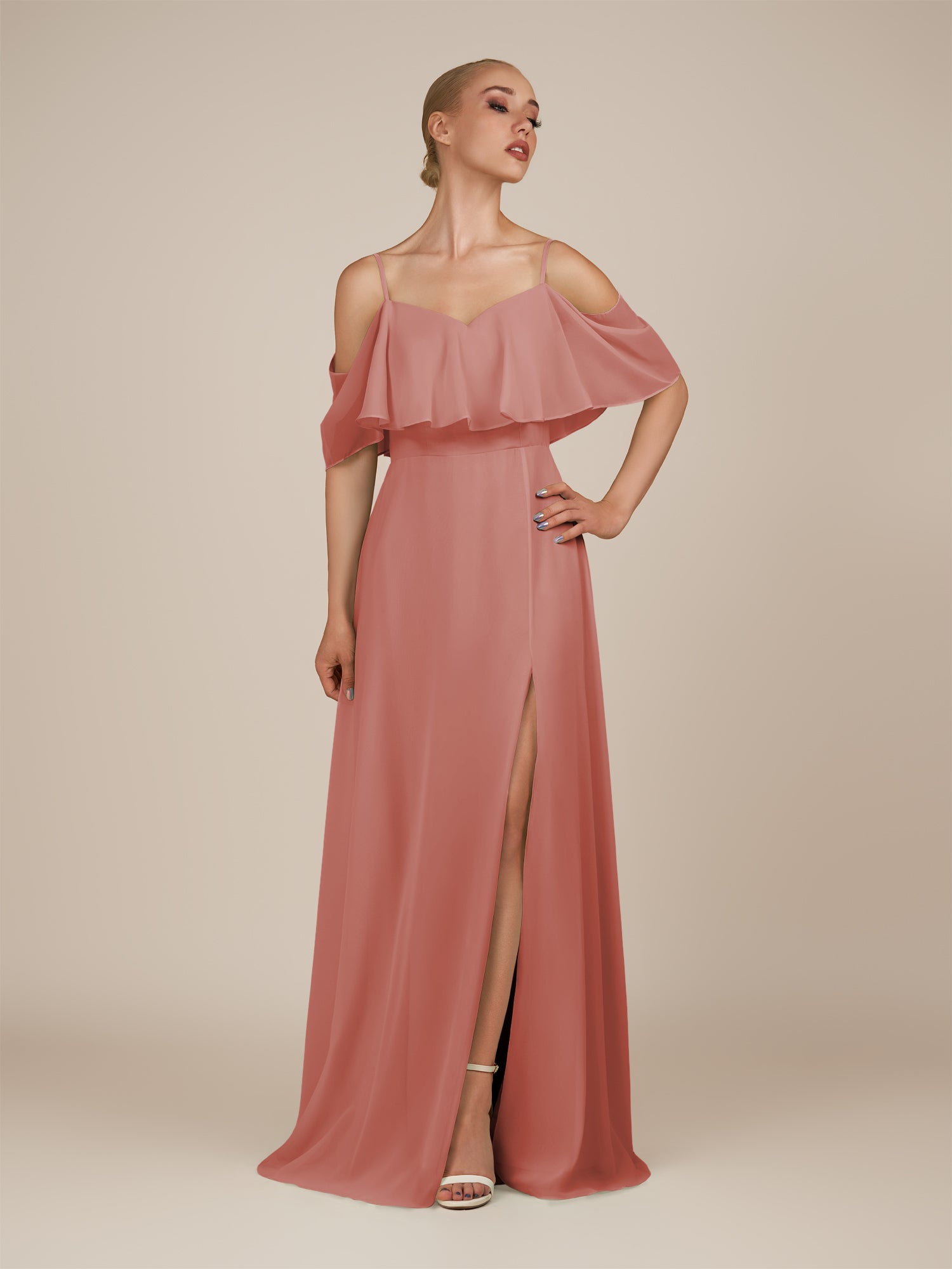 KissDress-Eira Mulberry A Line Chiffon Off the Shoulder Ruffled Overlay Long Bridesmaid Dress with Slit