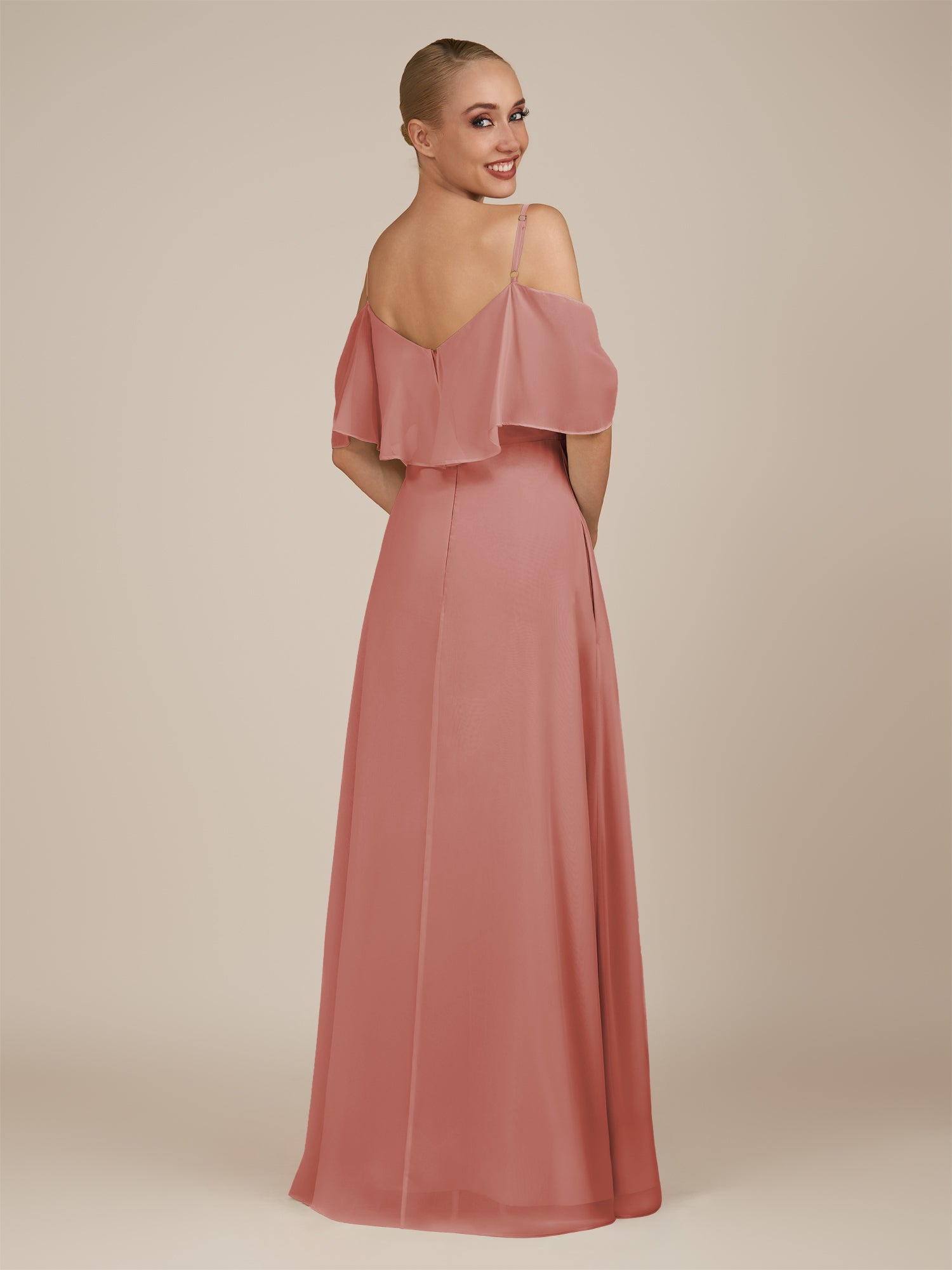 KissDress-Eira Mulberry A Line Chiffon Off the Shoulder Ruffled Overlay Long Bridesmaid Dress with Slit