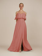 KissDress-Eira Mulberry A Line Chiffon Off the Shoulder Ruffled Overlay Long Bridesmaid Dress with Slit