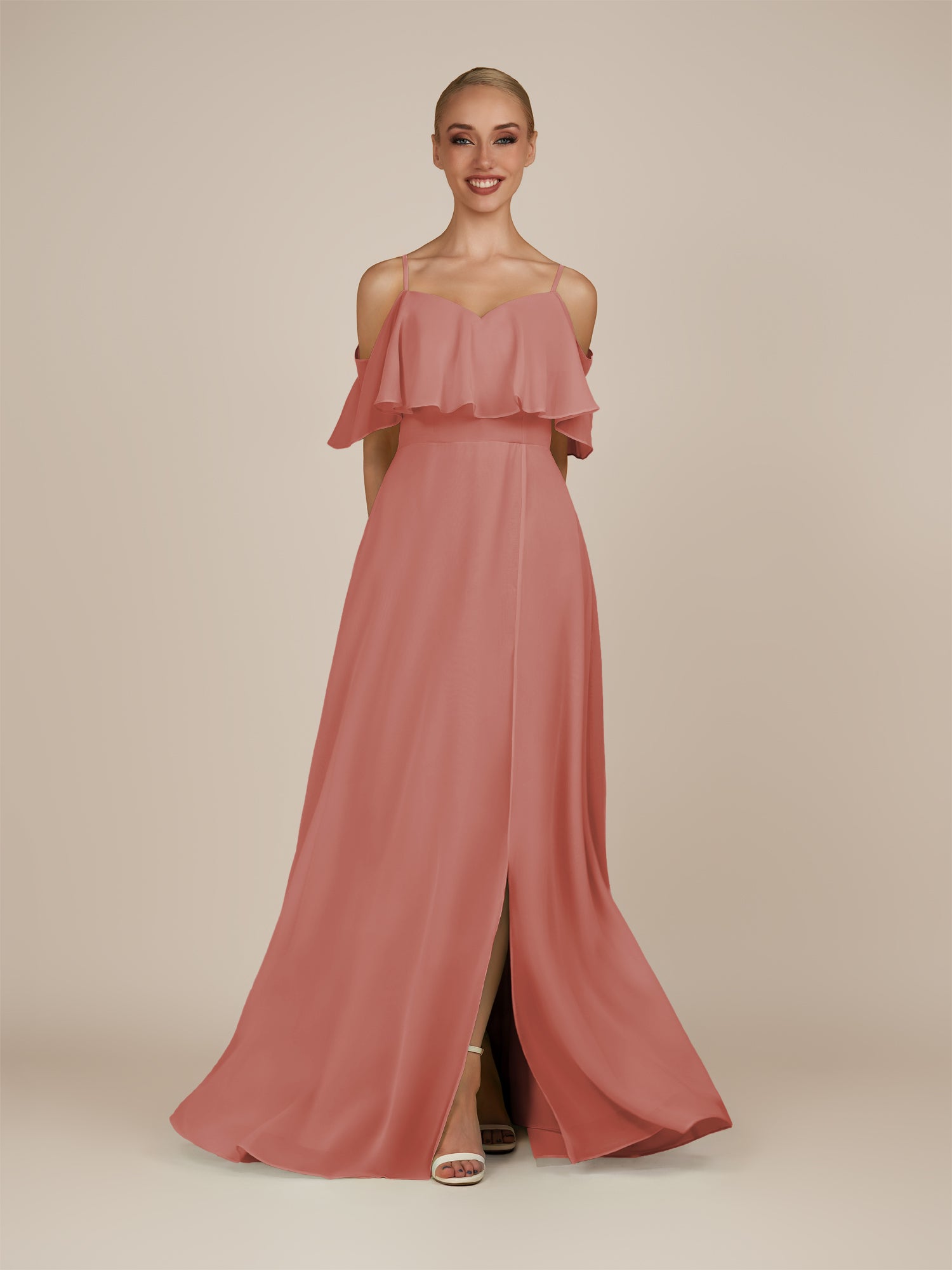 KissDress-Eira Mulberry A Line Chiffon Off the Shoulder Ruffled Overlay Long Bridesmaid Dress with Slit
