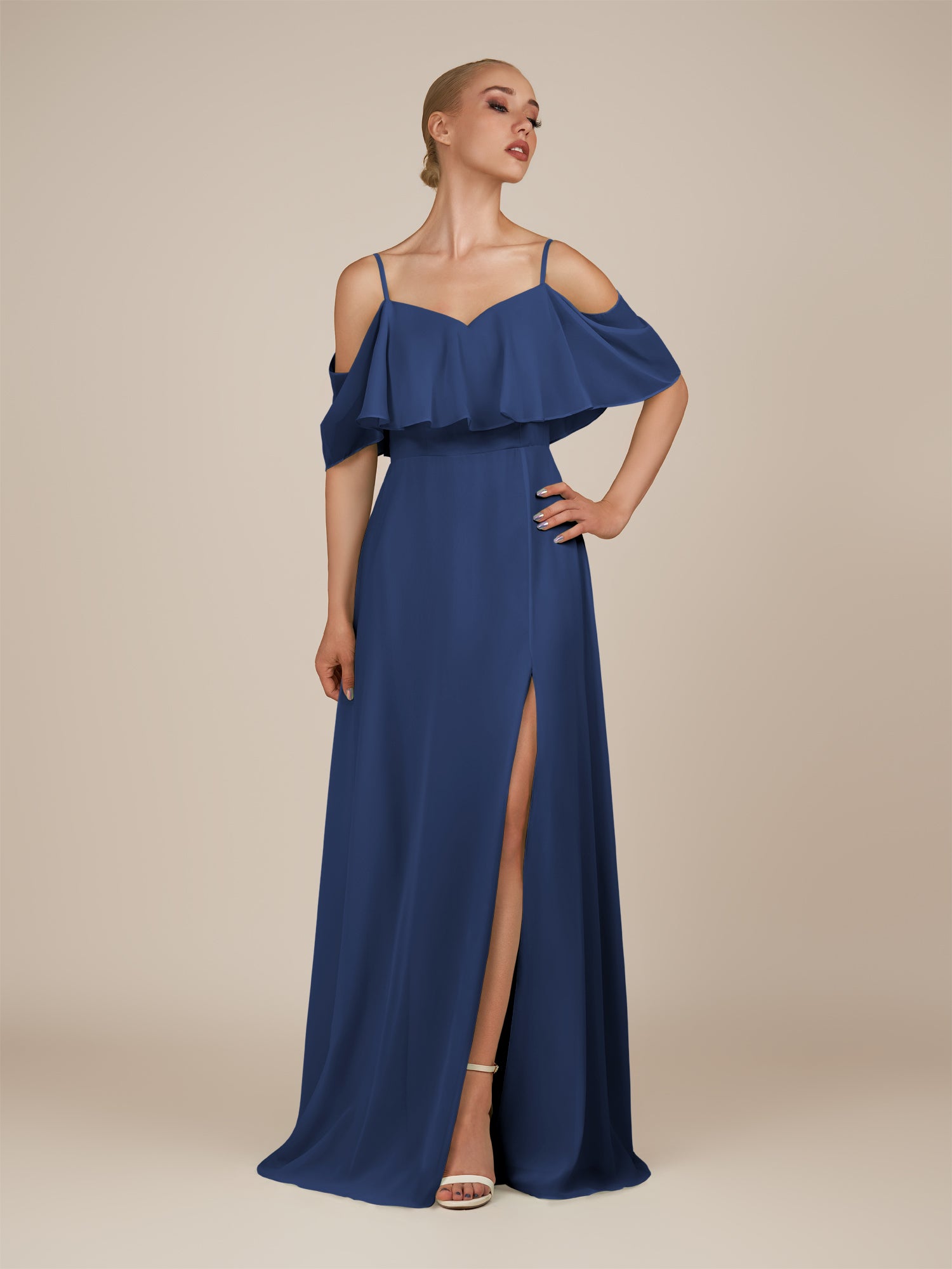 KissDress-Eira Navy A Line Chiffon Off the Shoulder Ruffled Overlay Long Bridesmaid Dress with Slit