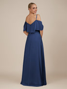 KissDress-Eira Navy A Line Chiffon Off the Shoulder Ruffled Overlay Long Bridesmaid Dress with Slit