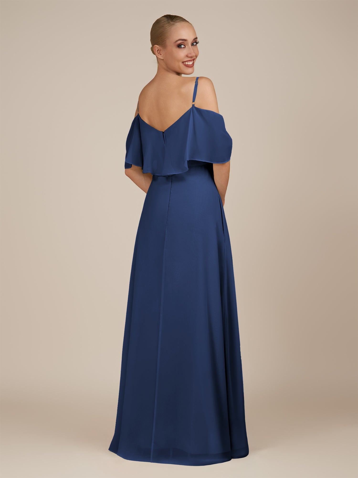 KissDress-Eira Navy A Line Chiffon Off the Shoulder Ruffled Overlay Long Bridesmaid Dress with Slit